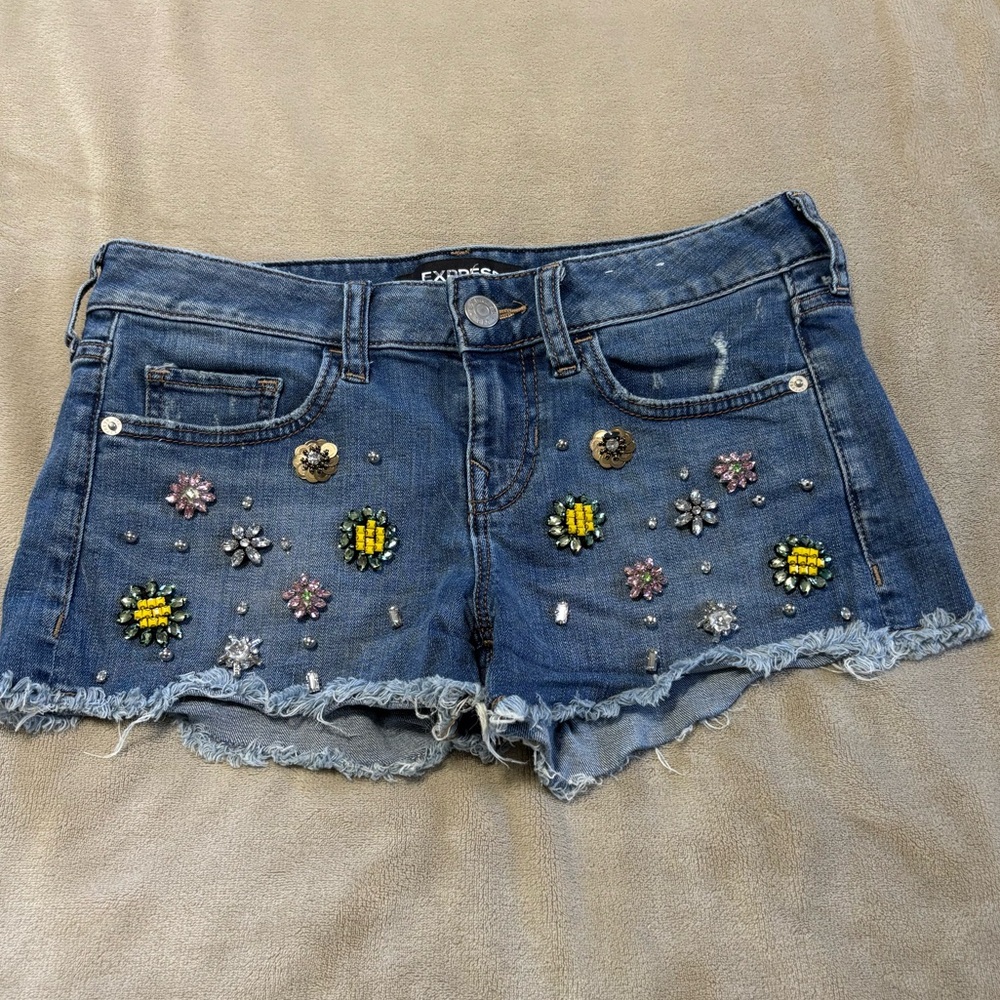 Express Embellished‎ Beaded Shortie Cutoff Blue Jean Shorts